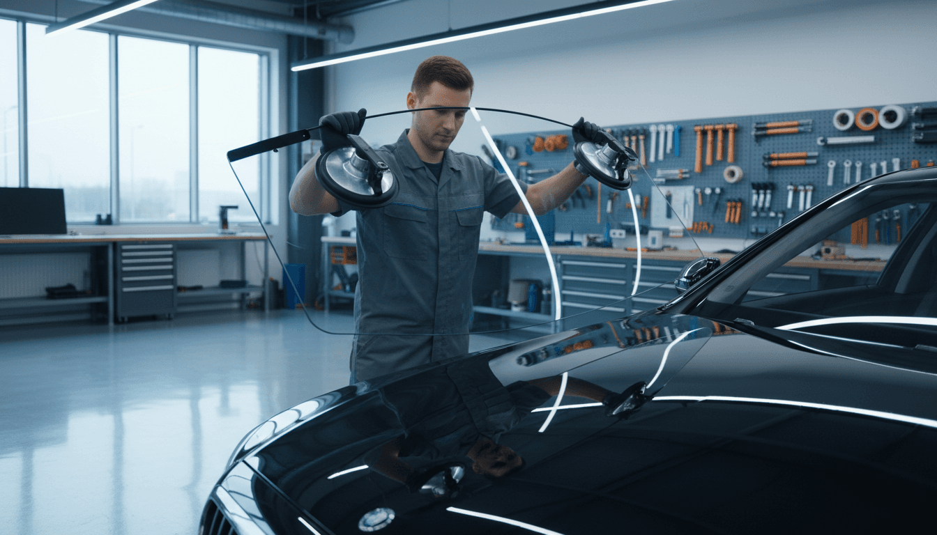 Technicien expert posant un pare-brise dans l'atelier